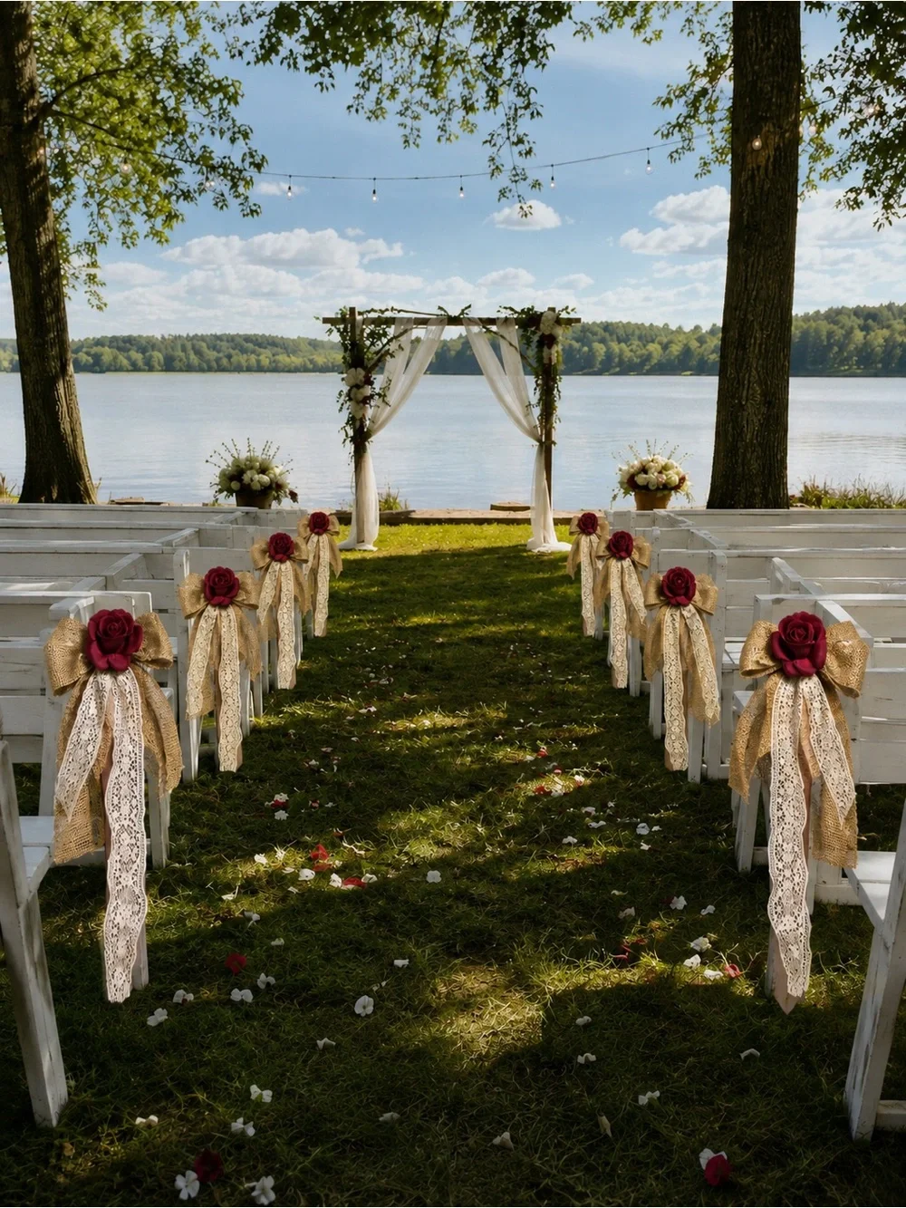 Rustic Burlap & Lace Pew Bow with Burgundy Rose - Set of 16 with Wood Stakes